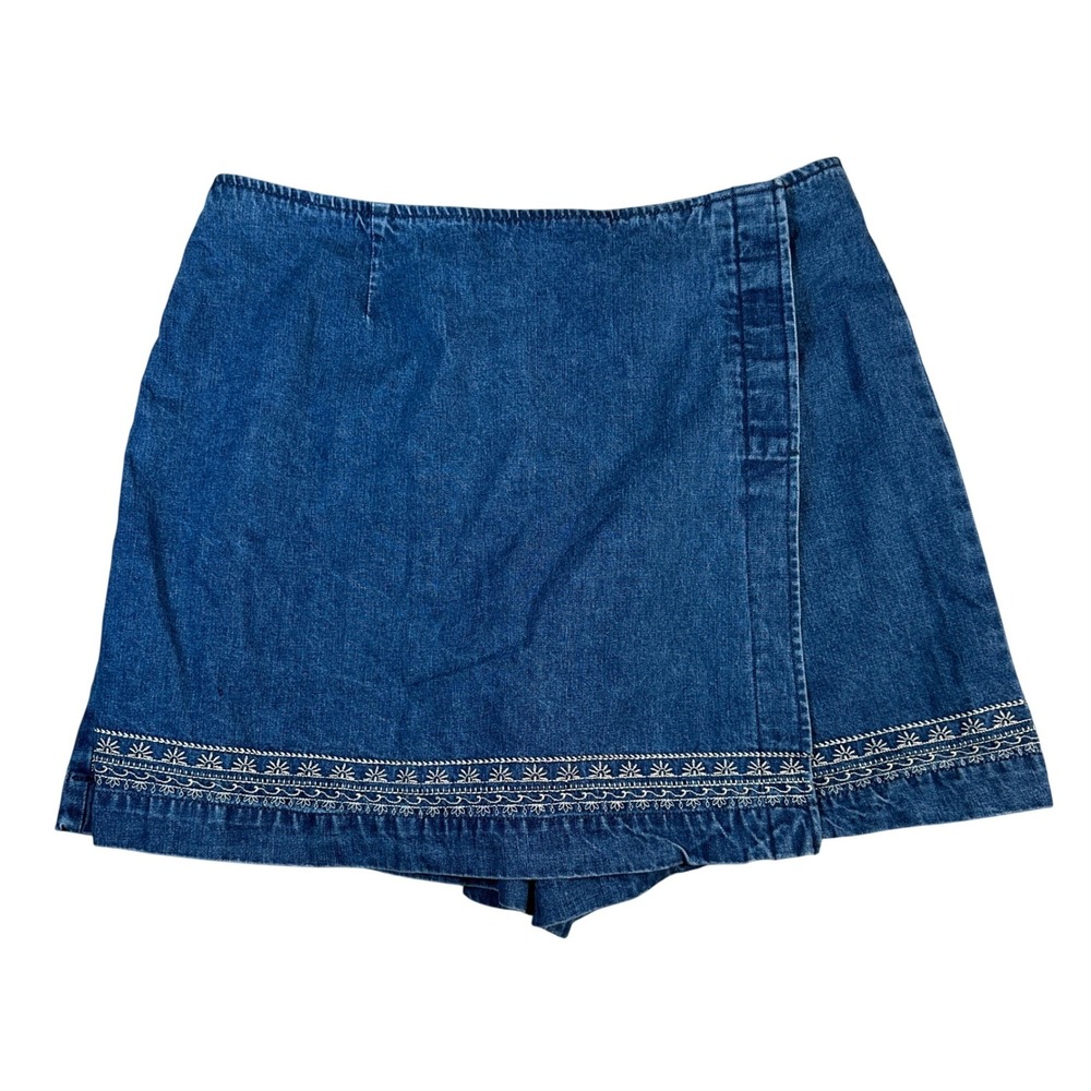 Blue Denim Embroidered Skort Y2K 90s Granola Gorp Western Cotton Mini Wrap